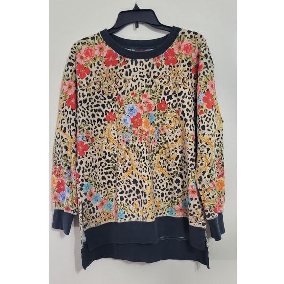 Johnny Was Sweatshirt Size Medium Cheetah High Low Crew Neck Floral Pullover Top - Picture 2 of 9